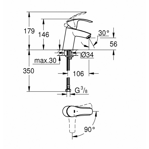 Grohe. Смеситель для раковины Eurosmart 2015 32154002 S-size, с энергосберегающим картриджем