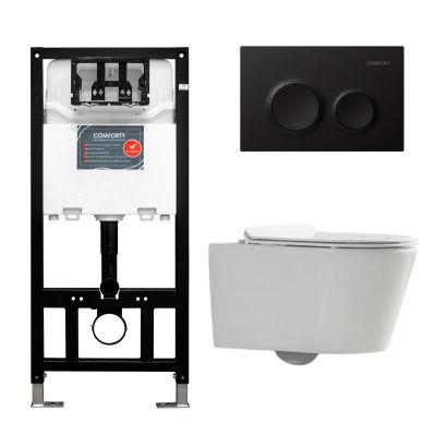 Готовый комплект Comforty 00-00022734CF: унитаз подвесной безободковый CF40513R + инсталляция CF3GT1900-10BL с черной матовой клавишей Готовый комплект Comforty 00-00022734CF: унитаз подвесной безободковый CF40513R + инсталляция CF3GT1900-10BL с черной матовой клавишей