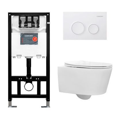 Готовый комплект Comforty 00-00022739CF: унитаз подвесной безободковый CF41273WH + инсталляция CF3GT1900-10WH  с белой матовой клавишей Готовый комплект Comforty 00-00022739CF: унитаз подвесной безободковый CF41273WH + инсталляция CF3GT1900-10WH  с белой матовой клавишей