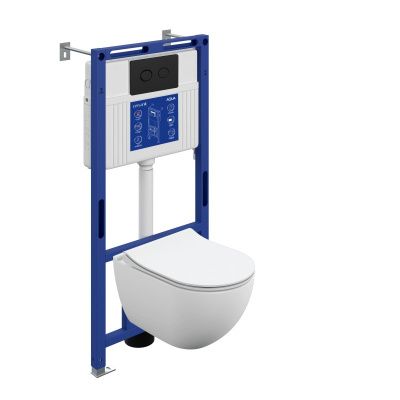 Готовый комплект Cersanit 69321: подвесной безободковый унитаз Браско Смарт с тонким сиденьем с микролифтом, инсталляция  Аква 50 P, кнопка Акценто Циркл чёрная матовая