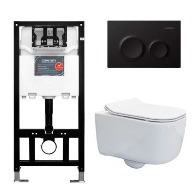 Готовый комплект Comforty: безободковый подвесной унитаз 102 + инсталляция CF3GT1900-10BL с черной матовой клавишей Готовый комплект Comforty: безободковый подвесной унитаз 102 + инсталляция CF3GT1900-10BL с черной матовой клавишей