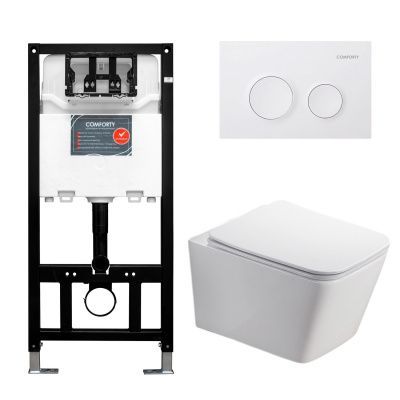 Готовый комплект Comforty 00-00022742CF: подвесной безободковый унитаз 106 + инсталляция CF3GT1900-10WH  с белой матовой клавишей Готовый комплект Comforty 00-00022742CF: подвесной безободковый унитаз 106 + инсталляция CF3GT1900-10WH  с белой матовой клавишей