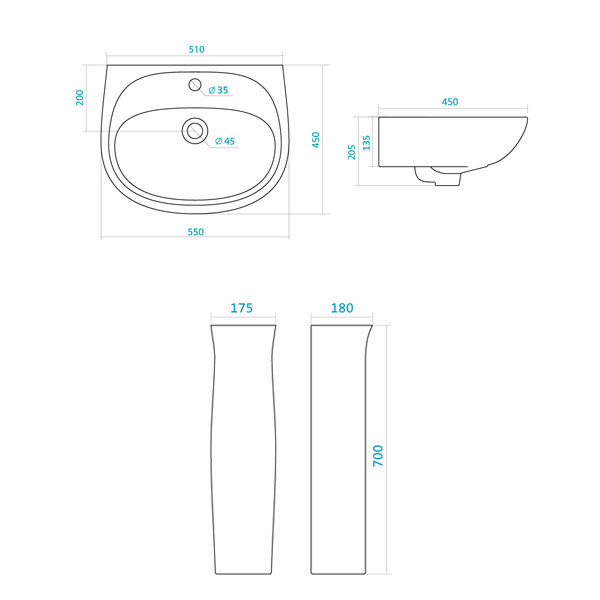 Santek. Умывальник Анимо-55 с одним отверстием с постаментом "Анимо"