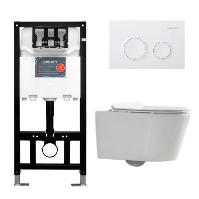 Готовый комплект Comforty 00-00022736CF: унитаз подвесной безободковый CF40513R + инсталляция CF3GT1900-10WH  с белой матовой клавишей Готовый комплект Comforty 00-00022736CF: унитаз подвесной безободковый CF40513R + инсталляция CF3GT1900-10WH  с белой матовой клавишей