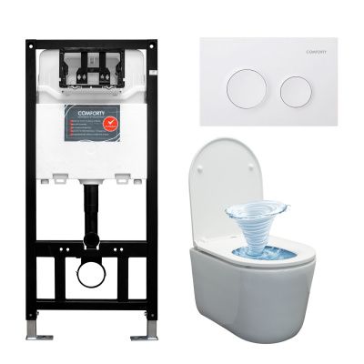 Готовый комплект Comforty 00-00022733CF: унитаз подвесной безободковый CF3C789WH Торнадо + инсталляция CF3GT1900-10WH  с белой матовой клавишей Готовый комплект Comforty 00-00022733CF: унитаз подвесной безободковый CF3C789WH Торнадо + инсталляция CF3GT1900-10WH  с белой матовой клавишей