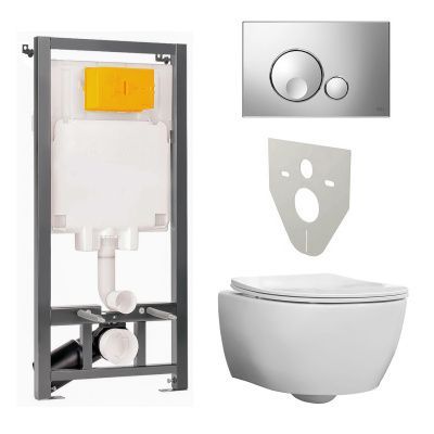 Готовый комплект: унитаз подвесной безободковый Гэлакси + инсталляция Оли + кнопка Оли Глоуб хром глянец