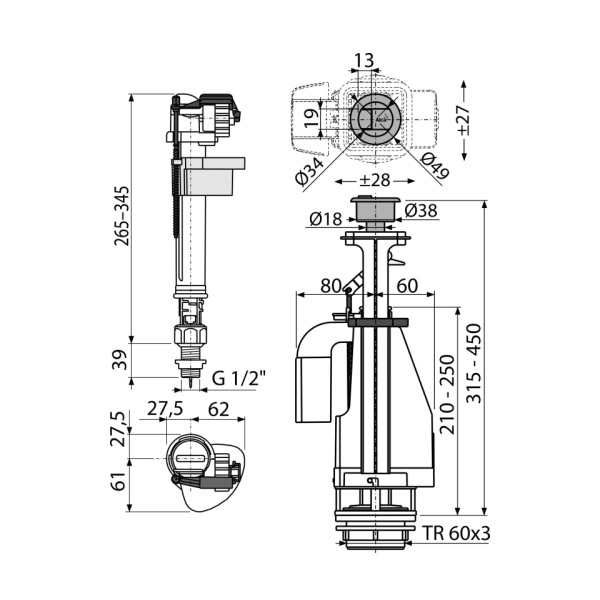 Выпускной комплект с двойной кнопкой, впускной  механизм  А18 1/2, сливной А08 AlcaPlast SA08ASK 1/2 CHROM