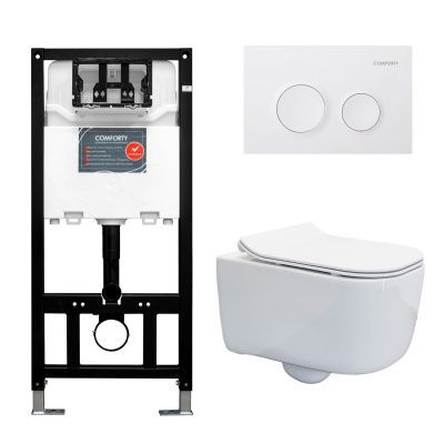 Готовый комплект Comforty: безободковый подвесной унитаз 102 + инсталляция CF3GT1900-10WH с белой матовой клавишей