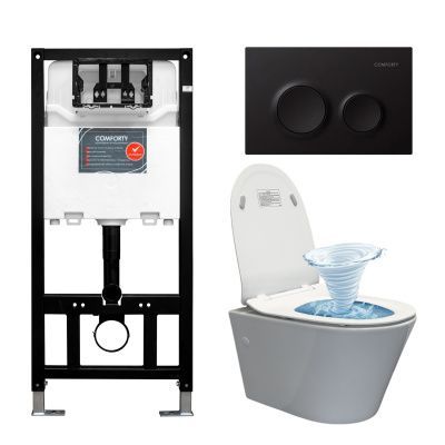 Готовый комплект Comforty 00-00022743CF: унитаз подвесной безободковый CF3C797WH Торнадо + инсталляция CF3GT1900-10BL с черной матовой клавишей