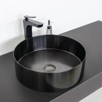 Круглая накладная раковина 40 см из нержавеющей стали Comforty CF8WBTD39NMBG цвет графит, с донным клапаном