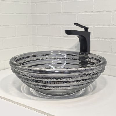 Круглая стеклянная раковина 40 см Comforty CF1G41 серый дым, кольцевые ребра