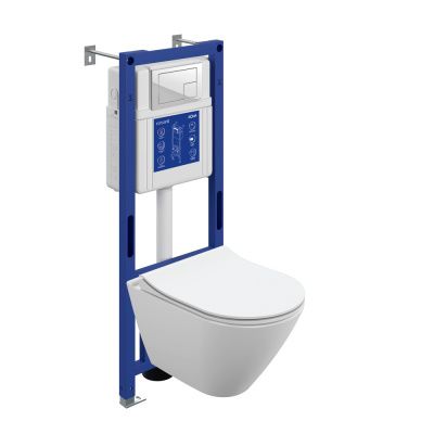 Готовый комплект Cersanit 69335: подвесной унитаз Сити Смарт с тонким сиденьем дюропласт с микролифтом, инсталляция Аква 40 Смарт M, кнопка Корнер пластик белый