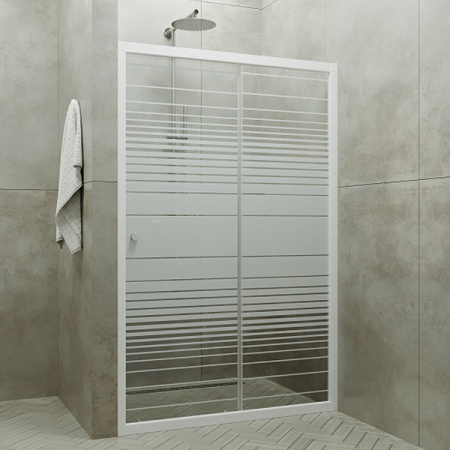 Дверь душевая Тритон Слайд 100*185, стекла с рисунком полосы, белый алюминиевый профиль