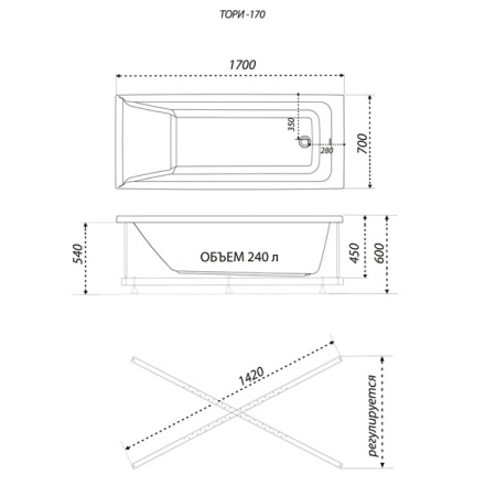 Прямоугольная акриловая ванна Тритон Тори 170*70