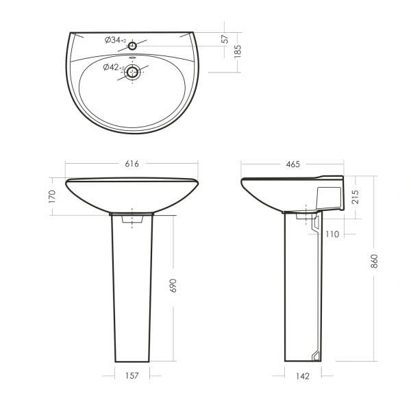 Sanita. Умывальник Виктория 620*460 белый, с отверстием под смеситель