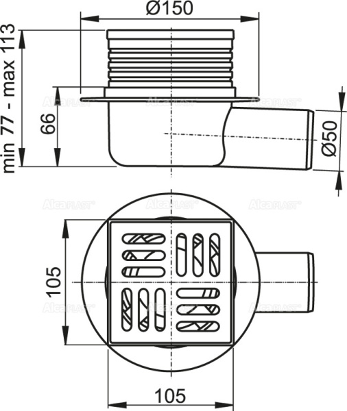AlcaPlast. Сливной трап APV26, 105х105/50 мм, заниженный, боковая подводка, решетка из нержавеющей стали, гидрозатвор
