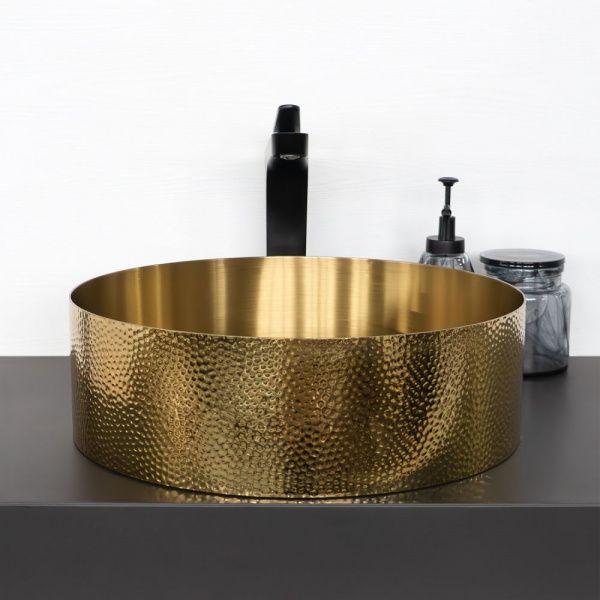 Круглая раковина 40 см из нержавеющей стали с рифленым бортом Comforty CF8WBHD39G цвет золото, с донным клапаном