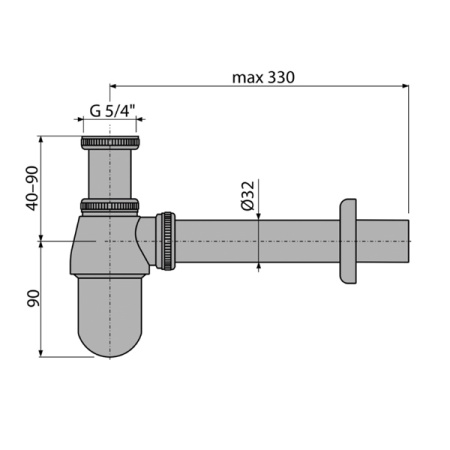 AlcaPlast. Сифон для умывальника, d 32мм, с накидной гайкой 5/4", цельнометаллический, A431