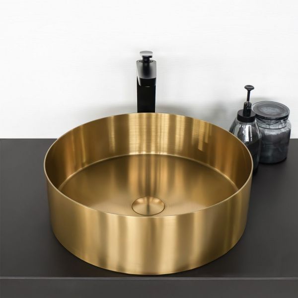Круглая накладная раковина 40 см из нержавеющей стали Comforty CF8WBTD39G цвет золото, с донным клапаном