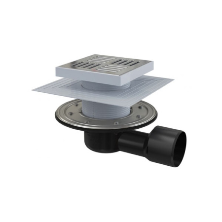 AlcaPlast. Сливной трап APV3444 150х150/75 мм, боковая подводка, гидрозатвор сухой и мокрый
