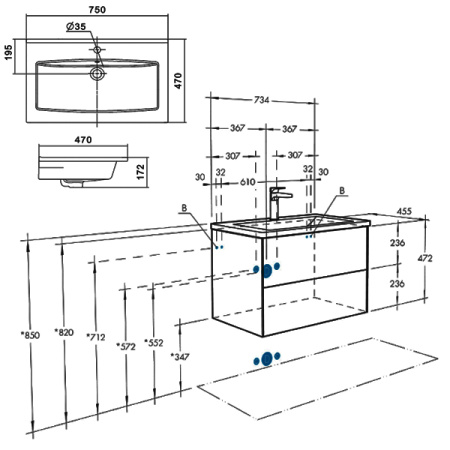 Тумба-умывальник Акватон Сохо 75 1A258101AJA00 Дуб Веллингтон/Графит софт с раковиной Элина 75