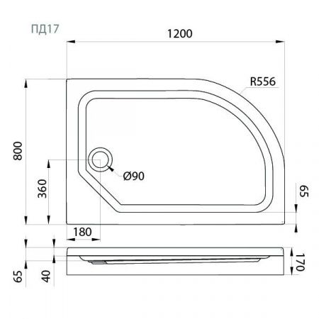 Асимметричный душевой поддон Тритон ПД16 120*80 1/4 круга, низкий, левый в комплекте