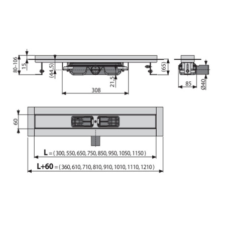 AlcaPlast. Желоб водоотводящий Professional APZ106-750, с порогами, для цельной решетки