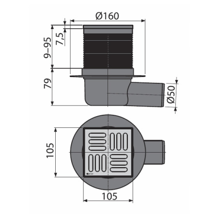 Сливной трап AlcaPlast APV31 105×105/50 мм боковой сток, решетка из нержавеющей стали, гидрозатвор комбинированный SMART