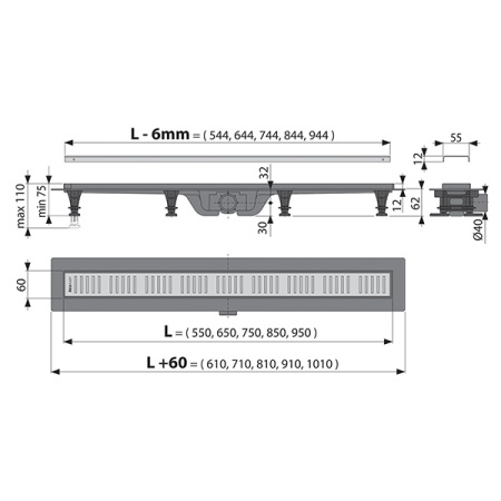 Желоб водоотводящий AlcaPlast Eko AG100401750 (аналог APZ10-750M) с порогами, для перфорированной решетки, с решеткой из нержавеющей стали