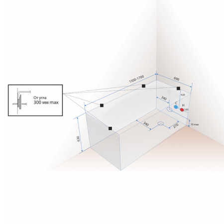 Прямоугольная акриловая ванна 1ACReal Лондон 1600*700*610