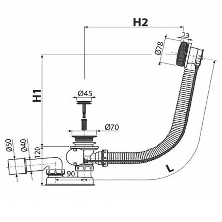 AlcaPlast. Сифон для ванны, автомат, комплект, металл черный, A55BLACK