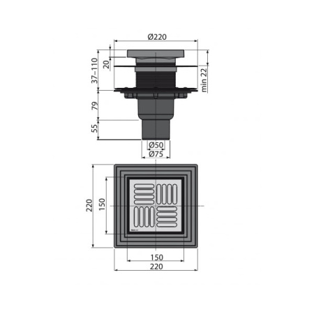 AlcaPlast. Сливной трап APV4444, 150х150/50/75 мм, прямая подводка, гидрозатвор сухой и мокрый