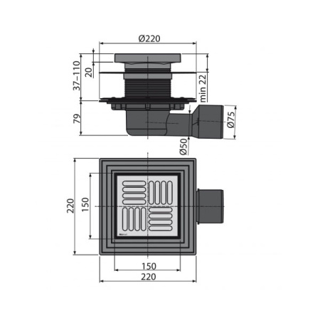 AlcaPlast. Сливной трап APV3444 150х150/75 мм, боковая подводка, гидрозатвор сухой и мокрый