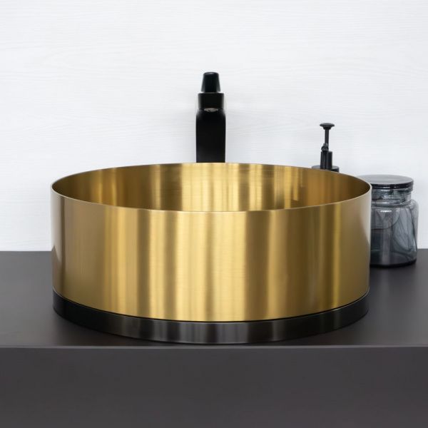 Круглая раковина 40 см из нержавеющей стали Comforty CF8WBTD39K цвет золото с чёрной юбкой, с донным клапаном