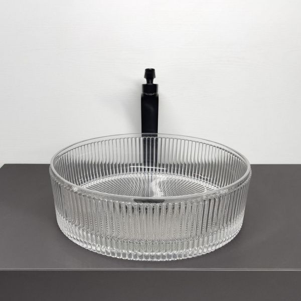 Накладная стеклянная раковина 40 см Comforty CF21002S прозрачное стекло с серебрянным кантом