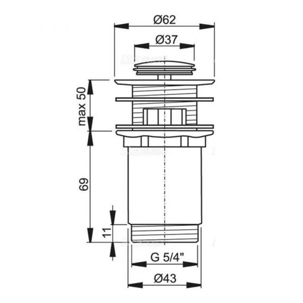 Донный клапан для раковин с переливом AlcaPlast A391 механизм click/clack, с малой заглушкой, цельнометаллический