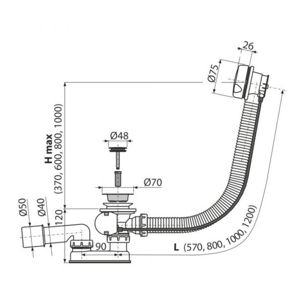 Сифон для ванны автомат AlcaPlast A51B-80 комплект (80 см), белый