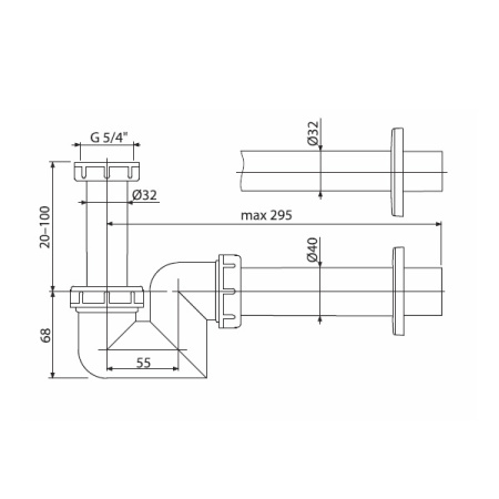 AlcaPlast. Сифон для умывальника и биде, d 32 мм, пластик, A45F-DN32