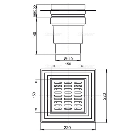 Сливной трап AlcaPlast APV13 150x150/110, подводка – прямая, решетка – нержавеющая сталь, воротник