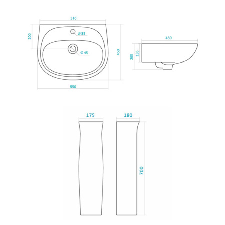 Santek. Умывальник Анимо-55 с одним отверстием с постаментом "Анимо"