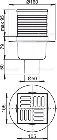 AlcaPlast. Сливной трап APV2, 105х105/50 мм, прямая подводка, решетка из нержавеющей стали, гидрозатвор мокрый