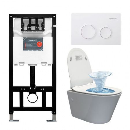 Готовый комплект Comforty 00-00022745CF: унитаз подвесной безободковый CF3C797WH Торнадо + инсталляция CF3GT1900-10WH  с белой матовой клавишей