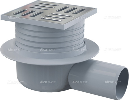 AlcaPlast. Сливной трап APV26, 105х105/50 мм, заниженный, боковая подводка, решетка из нержавеющей стали, гидрозатвор