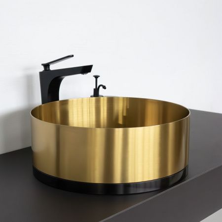 Круглая раковина 40 см из нержавеющей стали Comforty CF8WBTD39K цвет золото с чёрной юбкой, с донным клапаном