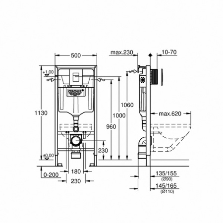 Grohe. Инсталляция Rapid SL 3 в 1 в сборе для подвесного унитаза, с накладной панелью Skate Cosmopolitan, 38772001
