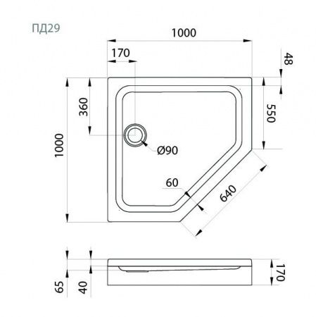 Поддон душевой Тритон ПД29 низкий пятиугольный 100х100 в комплекте