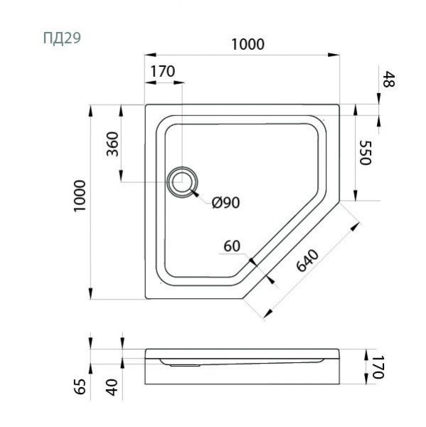 Поддон душевой Тритон ПД29 низкий пятиугольный 100х100 в комплекте