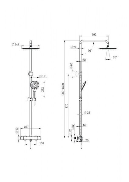 Душевая система с термостатом черная Cersanit Brasko Black 64527 душ 3 режима, шланг 150 мм