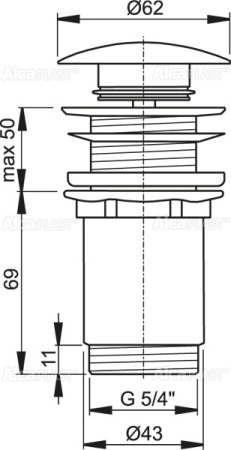 AlcaPlast. Водослив для умывальника 5/4" A395  механизм click/clack, с большой заглушкой для умывальников без перелива