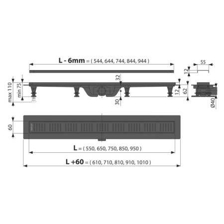 Водоотводящий желоб с порогами для перфорированной решетки AlcaPlast APZ10BLACK-950M Simple